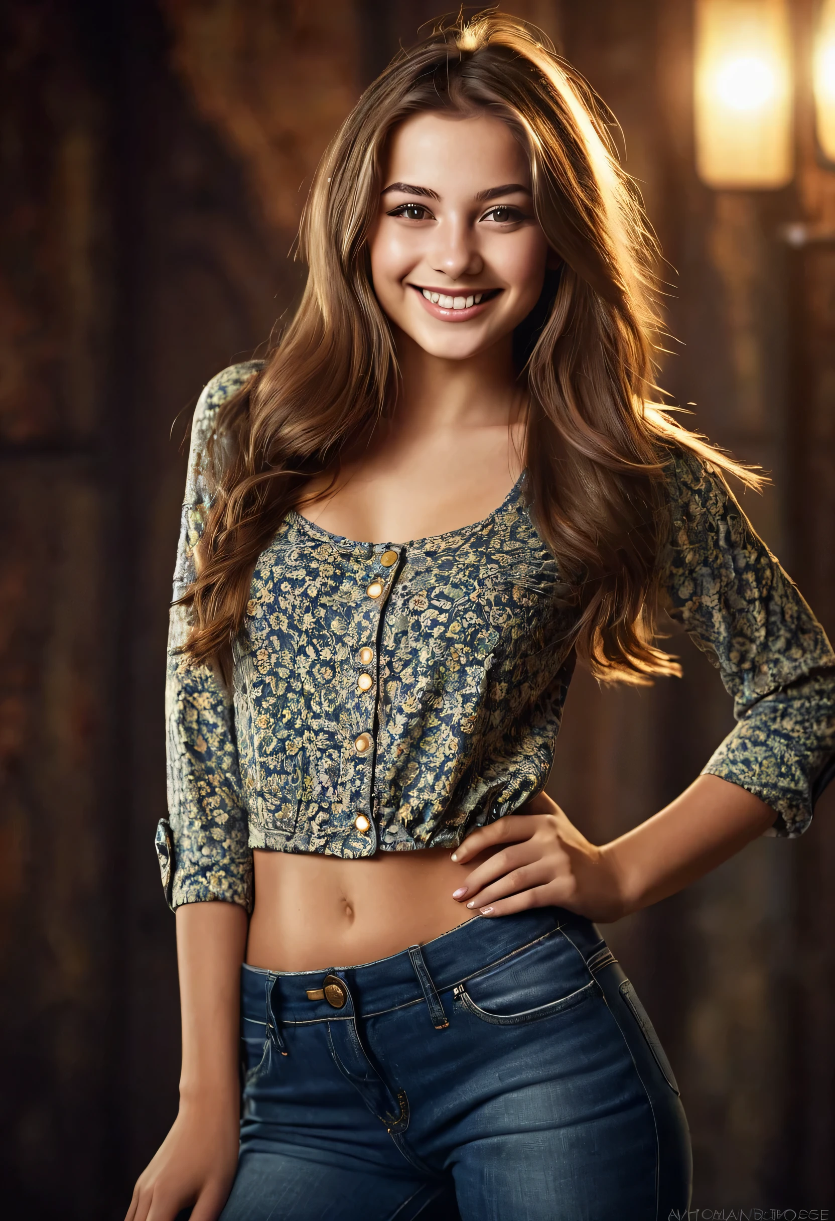 Extremely beautiful girl from Austria, hyperrealistic face, medium-sized eyes, small-nose, long brown hair, 25 years old, medium breasts, smiling, dynamic pose, sexy clothes, Full body, dynamic vintage background, mystical dark light