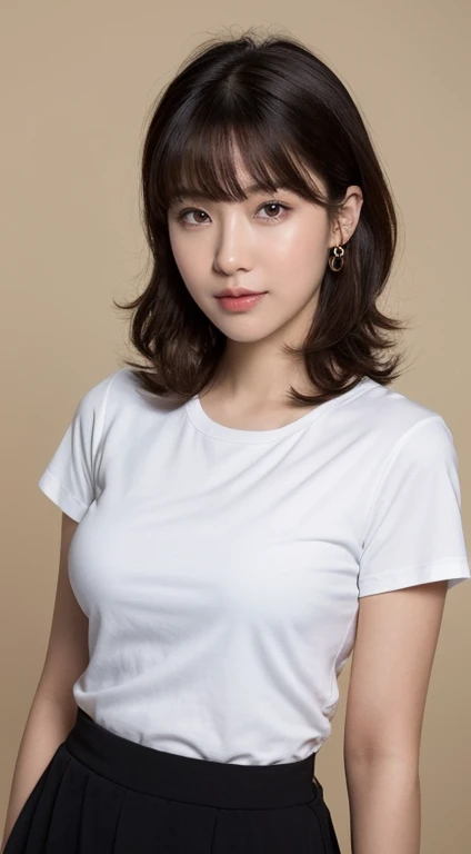 (8k, RAW Photos, Highest quality, masterpiece:1.2), Super detailed, Super Resolution, (Realistic, Realistic Photo:1.37), Portraiture, High-definition RAW color photos, Professional photos, 非常に詳細で美Shii, 非常にDetailed, 8k wallpaper, 素晴らShii、Detailed, Large file size, Official Art, highly detailed CG unity 8k wallpaper, 非常にDetailed美Shii女の子, 非常にDetailed顔, 非常にDetailed目, 非常にDetailed肌, Very elaborate fingers, 非常にDetailed鼻, 非常にDetailedDetailed口 , Perfect Anatomy, 非常にDetailed背景, Very elaborate clothing, One girl, (18:1.2), 20th Generation, cute girl, Realistic body, , Fair skin, Glowing Skin , The body is slim, Handsome body, Black Hair , Curly Hair, (Blunt bangs:1.2), smile, cute, like々Shii, cute face, Realistic Face, Delicate eyes, Droopy eyes, White T-shirt, Short skirt, Earrings, View your viewers, Cowboy Shot, Look forward, Standing position, Opposition, Dynamic Lighting, Very large breasts