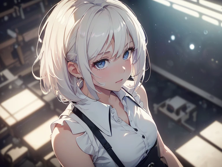 Highest quality, Ultra-high resolution, One Girl, sleeveless white button-up shirt, Black Skirt, cute,(Platinum Blonde Hair:1), ((Puffy eyes)), Show Viewer(Depth of Field HDR 8K 4K Wallpaper Cinematic Angle, Cinema Lighting,:1.5) (masterpiece, Highest quality:2.0),City Pop,Inside the cafe