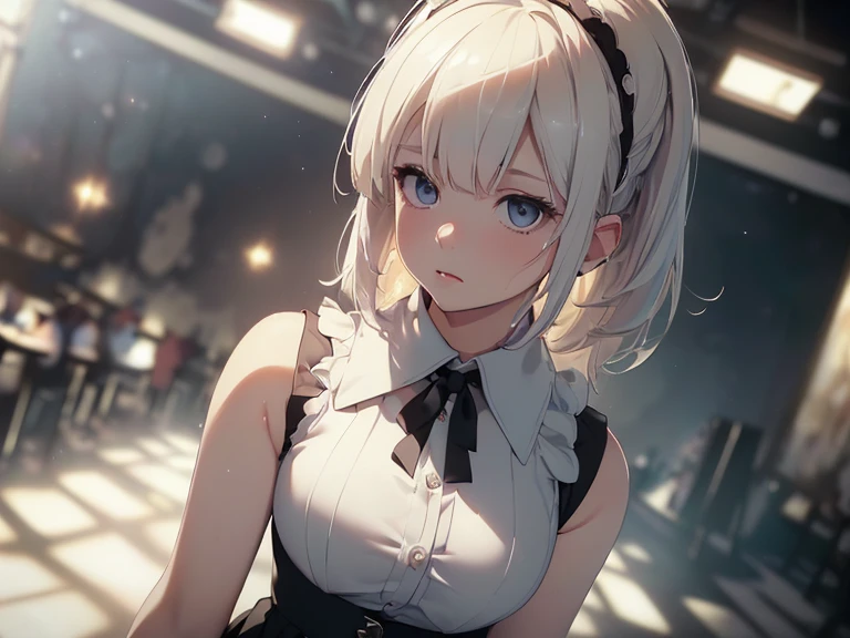 Highest quality, Ultra-high resolution, One Girl, sleeveless white button-up shirt, Black Skirt, cute,(Platinum Blonde Hair:1), ((Puffy eyes)), Show Viewer(Depth of Field HDR 8K 4K Wallpaper Cinematic Angle, Cinema Lighting,:1.5) (masterpiece, Highest quality:2.0),City Pop,Inside the cafe