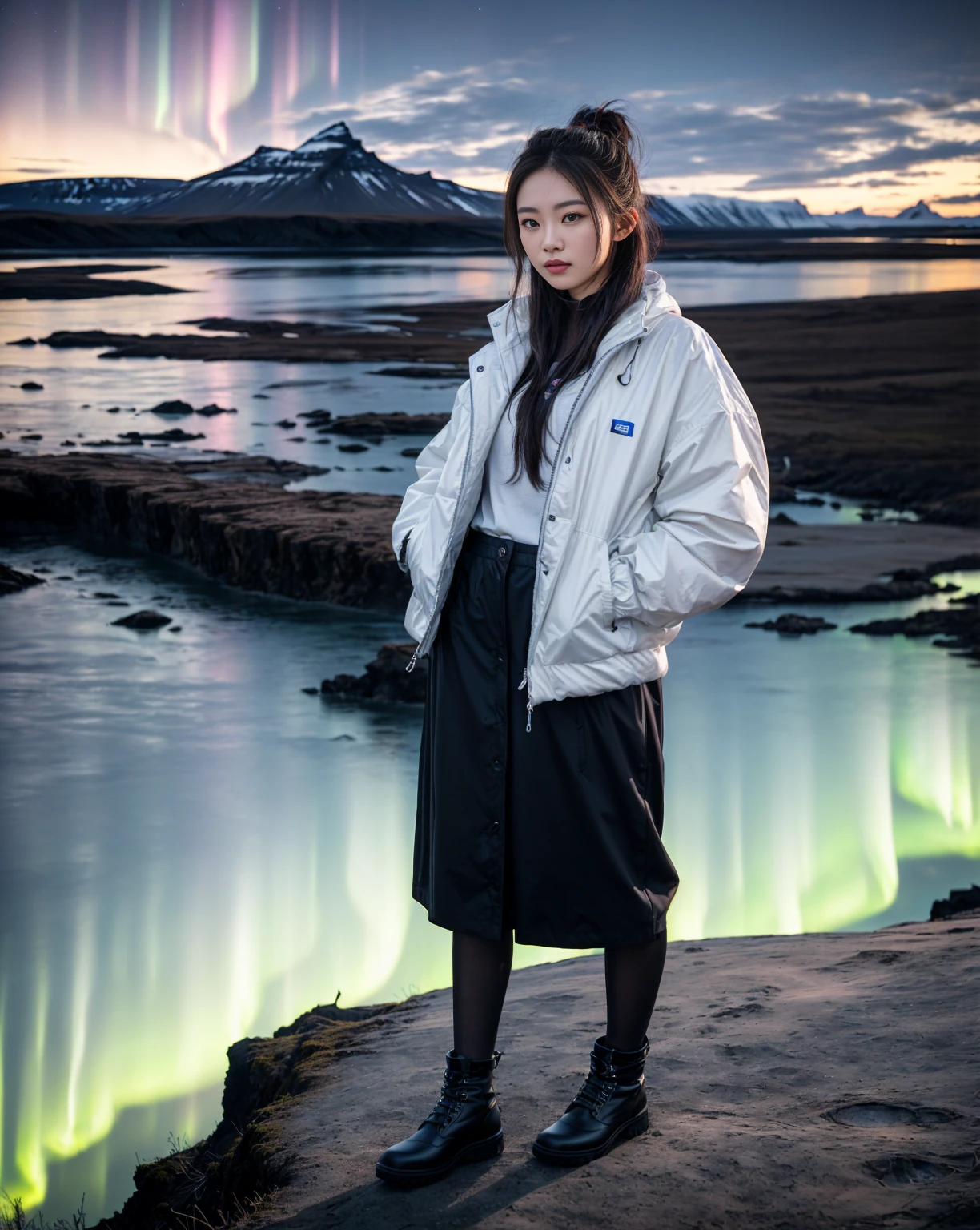 Araped woman standing on a rock with mountains in the background, Environmental Portrait, medium shot portrait, Full portrait of a Nordic woman, Photo of tech wear woman, Backlit shot girl wearing parka, Iceland, With Aurora Borealis in the sky, Gemma Chen, Iceland photography, medium portrait, Taken with Nikon Z9, National Geographic photo shoot
