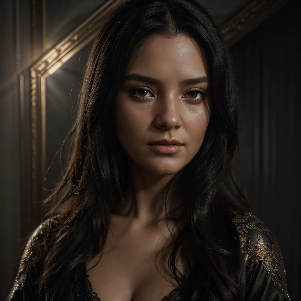 portrait of emb-rebecca with long black hair in fog, cinematic lighting, photorealistic, ornate, intricate, realistic, detailed, volumetric light and shadow intricate, elegant, highly detailed, digital painting, artstation, concept art, smooth, sharp focus, illustration, art by artgerm and greg rutkowski and alphonse mucha, super detailed