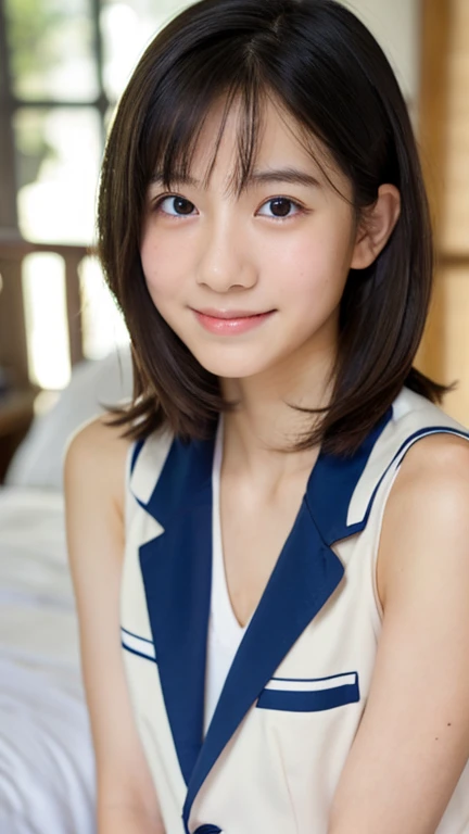 (Highest quality), (Beautiful 14 year old Japanese girl), (Moisturized lips), Narrow eyes, double eyelid, Delicate clavicle, Flat Chest , Underdeveloped breasts, smile, (Spotted sunlight: 1.2), Professional Lighting, (Petite figure), (Sunburned skin: 0.2), Full body photo, Full Body Focus, (Kneel)、A proper honor student、Slender body、(Navy blue blazer uniform)、Boyish super short hair、Stylish white bedroom、Ribbon on chest、Sweep all your hair back、((Completely naked))