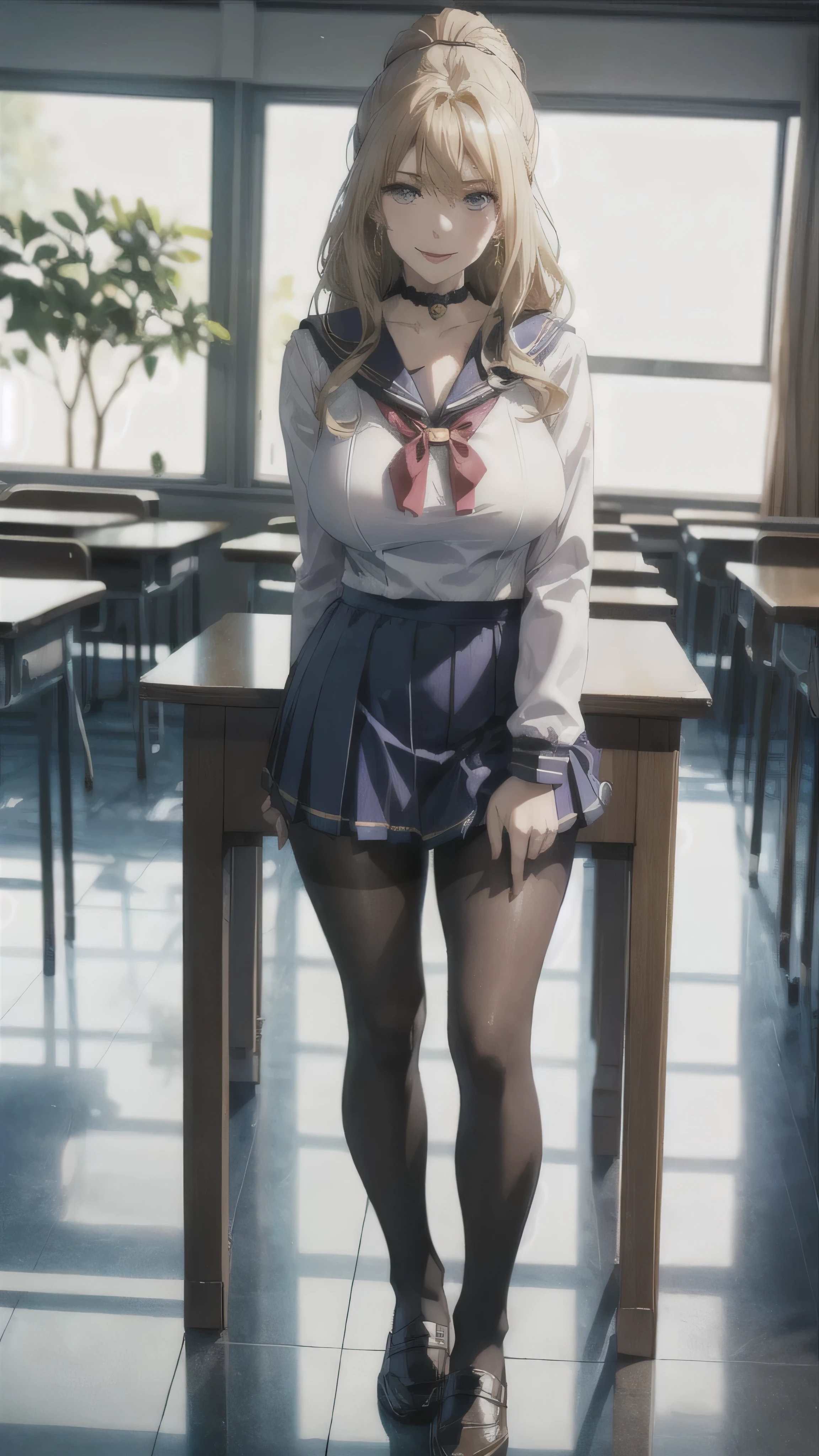 ((high school girl)),((school uniform)),((White blouse)),(((Pleated mini skirt))), ((A shy smile)),((Beautiful feet)),((Beautiful legs)),Ultra-high resolution, Mature Woman, Mature Woman, Very detailed, ((Big Breasts)), Perfect hands, Detailed fingers, Beautiful details, (((Sailor suit))),((Long blonde hair)),((ponytail)),Black choker, Earrings,loafers,(Black Pantyhose), (Black Stockings),Perfect Eyes, Seductive eyes, School classroom,Standing in front of the pulpit