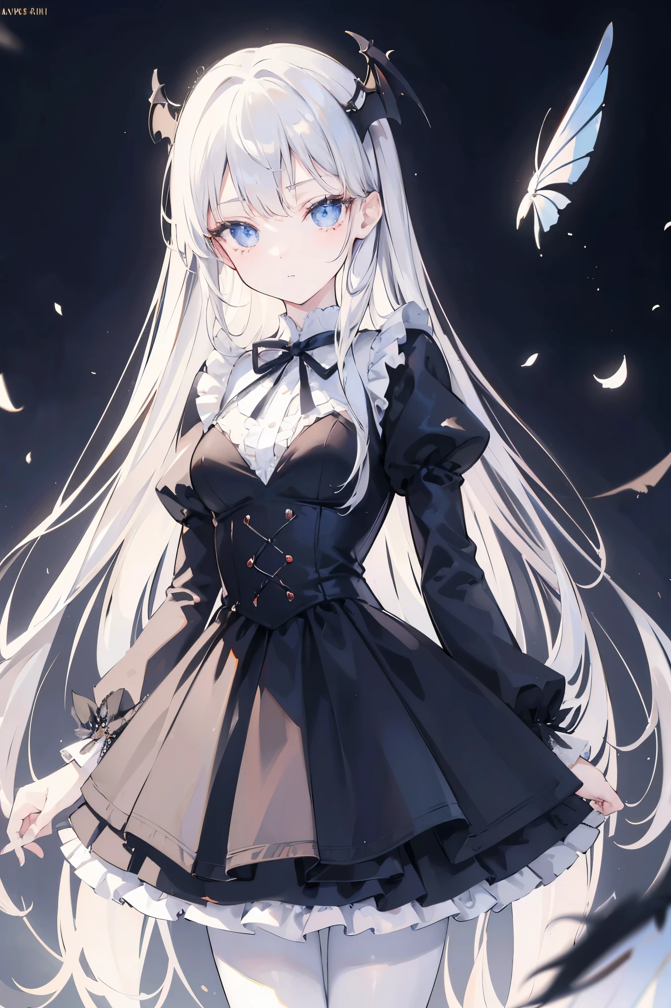 realism: 1.3, masterpiece, Highest quality, high resolution, detail: 1.2, 1 Vampire girl, Long hair, Pretty Face, Exquisite eyes, Ribbon, Elegant standing posture, aesthetics, Movie Lighting, Ray Tracing, Depth of Field, Number of layers, Fluttering, whole body, black and white pantyhose