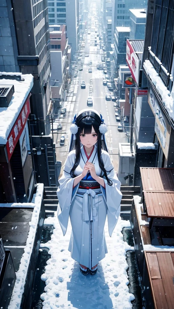 Top view ((A giant Yuki-onna stands on the road)) ((A girl breathing white breath)) ((Snow-covered city)) ((giant girl)) kimonoの女の巨人 kimono Black Hair Long Hair Miniature cities Model City heavy snow Snowfall ((It's snowing with a strong wind)) ((Snowfall)) ((Gloomy cloudy sky)) Black Hair Beauty Metropolis