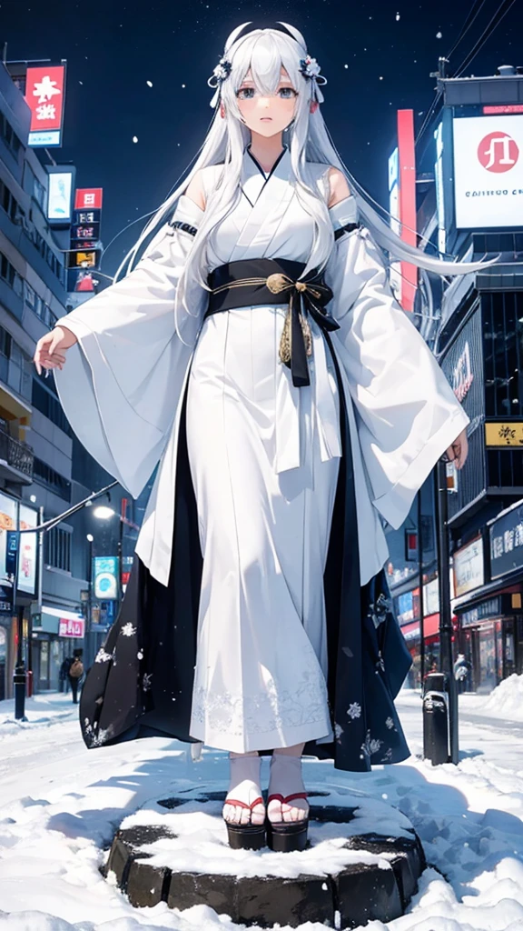 Top view ((A giant Yuki-onna stands on the road)) ((A girl breathing white breath)) ((Snow-covered city)) ((giant girl)) kimonoの女の巨人 kimono Black Hair Long Hair Miniature cities Model City heavy snow Snowfall ((It's snowing with a strong wind)) ((Snowfall)) ((Gloomy cloudy sky)) Black Hair Beauty Metropolis