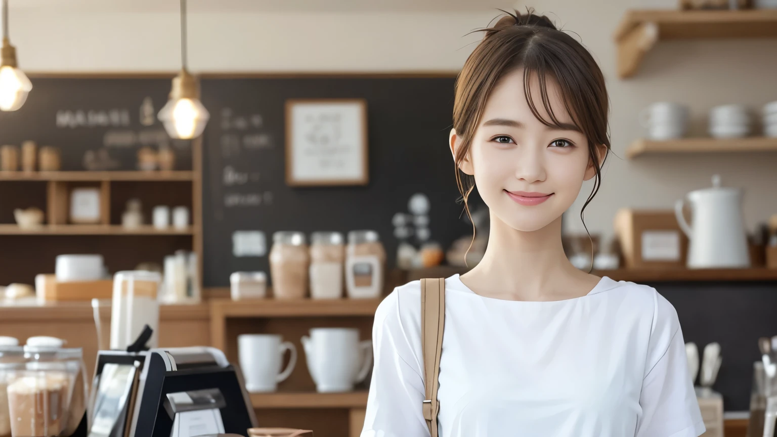 super high quality, Fashion Model, smile, Slenderのネックレス, Slender, The staff is working at the counter in the back., (8k、RAW Photos、Highest quality、masterpiece:1.2), (Realistic、Photorealistic:1.37), Beautiful Face , Urban Cafe, Golden Ratio, Raw photo, Light Brown Hair, Small breasts, Bright cafe interior, Blurred Background, Summer clothes, Cafe Terrace, Open Cafe, Photographed inside the cafe, Hair blowing in the wind, Neat clothes, ponytail, T-Shirts, Very Short Hair, 18-year-old, Cool older sister, beautiful girl, 
