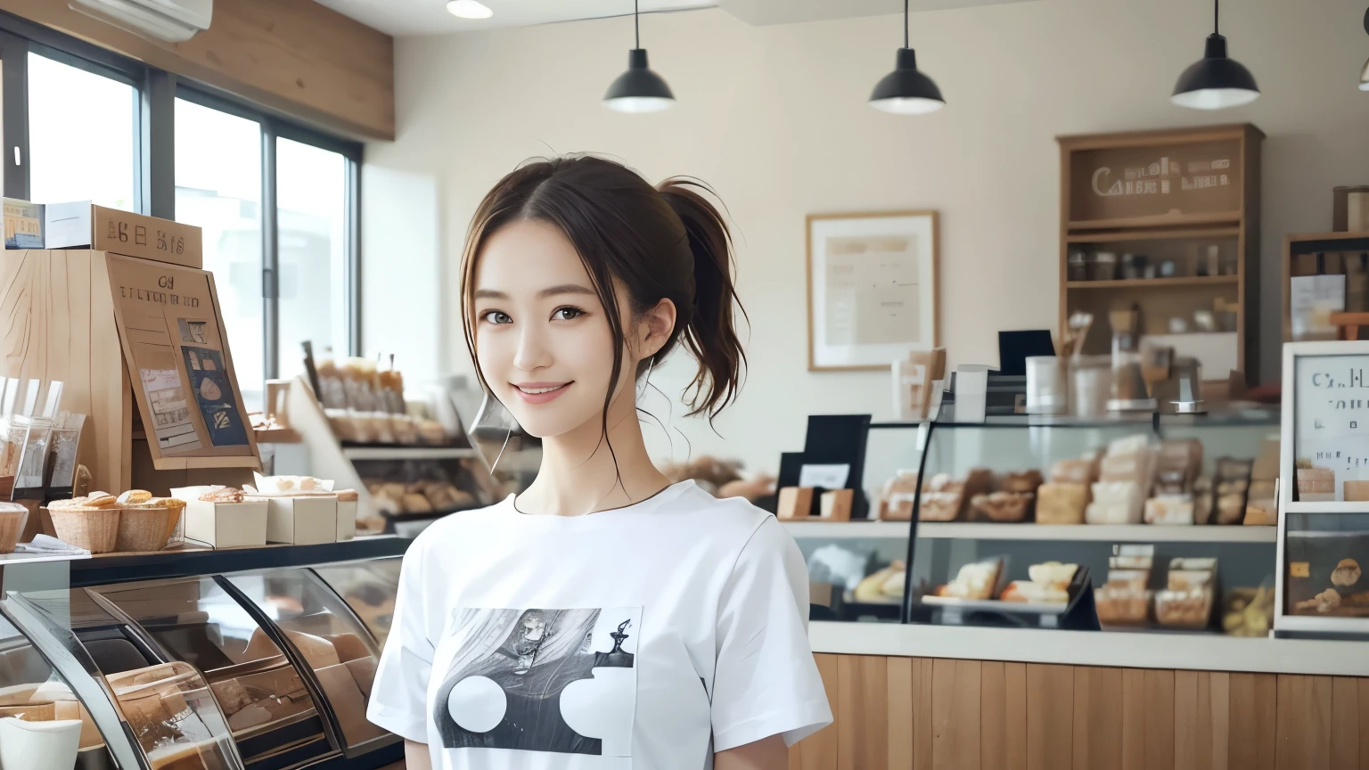 super high quality, Fashion Model, smile, Slenderのネックレス, Slender, The staff is working at the counter in the back., (8k、RAW Photos、Highest quality、masterpiece:1.2), (Realistic、Photorealistic:1.37), Beautiful Face , Urban Cafe, Golden Ratio, Raw photo, Light Brown Hair, Small breasts, Bright cafe interior, Blurred Background, Summer clothes, Cafe Terrace, Open Cafe, Photographed inside the cafe, Hair blowing in the wind, Neat clothes, ponytail, T-Shirts, Very Short Hair, 18-year-old, Cool older sister, beautiful girl,