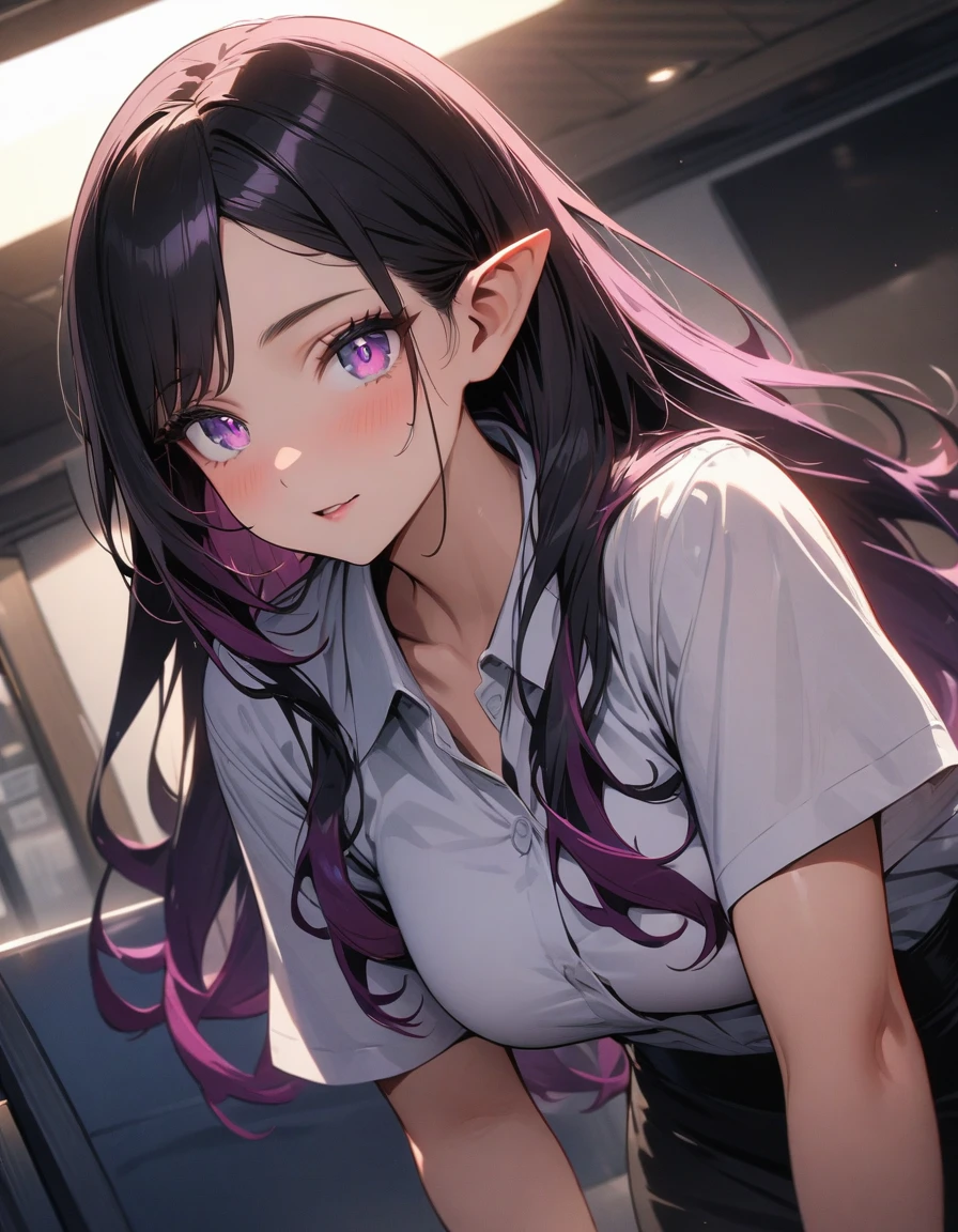 ((highest quality, masterpiece, ultra high definition, high resolution)), ((ultra-detailed illustrations:1.2)), 1 girl, solo, anime style, beautiful hair, parted bangs, loose hair, long hair, black hair, dark purple hair, multi colored hair, beautiful detailed eyes, beautiful detailed pupils, violet eyes, looking at viewer, pointed ears, smile, mid-chest, white shirt, collared shirt, short sleeves, black mini skirt, pantyhose, shiny skin, shiny, indoor, office