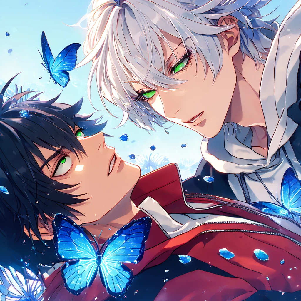 absurd resolution, high resolution, ultra detailed, detailed eyes, extremely detailed, HDR, 8K, Yamada Ichiro, chin length black hair, expressive green eyes, Hypnosis Mic, Sakamaki Subaru, white hair, expressive red eyes, long eyelashes, black coat, varsity red jacket, white hoodie, two sexy men together, yaoi, gay couple, handsome, fantasy, cool, magical, blue glittering butterflies, blue dust flying around, blue spider lilies, blue petals, blue lanterns, icy, cold, blue blossoms, blue sky
