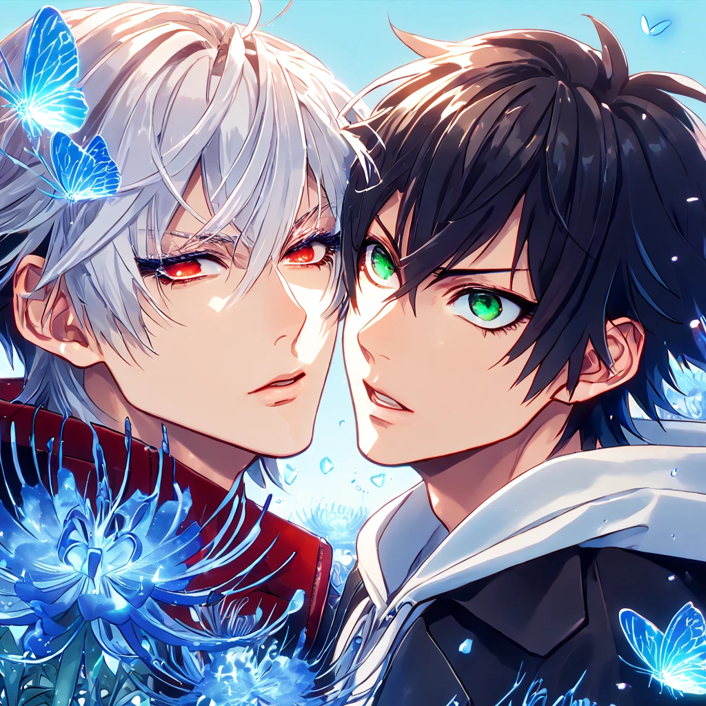 absurd resolution, high resolution, ultra detailed, detailed eyes, extremely detailed, HDR, 8K, Yamada Ichiro, chin length black hair, expressive green eyes, Hypnosis Mic, Sakamaki Subaru, white hair, expressive red eyes, long eyelashes, black coat, varsity red jacket, white hoodie, two sexy men together, yaoi, gay couple, handsome, fantasy, cool, magical, blue glittering butterflies, blue dust flying around, blue spider lilies, blue petals, blue lanterns, icy, cold, blue blossoms, blue sky