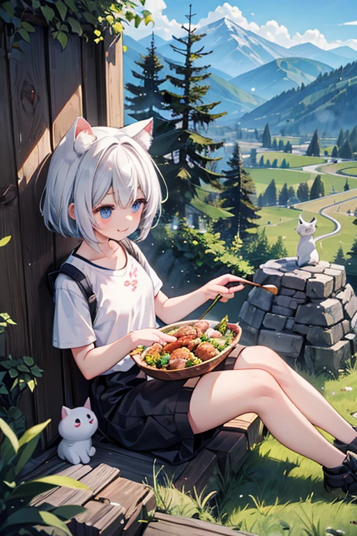 anime style,masterpiece, super fine illustration, highly detailed, dynamic angle, beautiful detailed, 8k, In the grassland, with mountains, trees, and rocks scattered around, BREAK a giant roasted pig is skewered and being roasted over flames. BREAK A female ,is sitting,eating meat with bones. She is smiling and enjoying the food.BREAK 1girl,White cat ears,Blue Eyes,Short Hair,Gray Hair,Small breasts,Blushing,Adventure Clothing,BREAK,masterpiece,best quality,super detailed,8k,