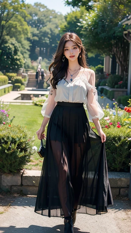 (Highest quality、 8k 、masterpiece、High resolution)、wallpaper、Young Woman、Ample breasts、Beautiful clavicle、Slender beauty、(Brown hair medium、My hair is blowing in the wind、Flows backwards)、whole body、 (Beautiful Face,Beautiful Eyes,Beautiful nose,Pretty lips)、(Flower Earrings、silver heart pendant necklace)、(Feminine Style、3/4 Sleeve Lace Blouse、Black see-through long skirt)、Her mouth opens slightly and a smile appears.、Dynamic pose、Outdoor、garden、Colorful flowers、looking at the camera、Professional Lighting、Professional photographer、