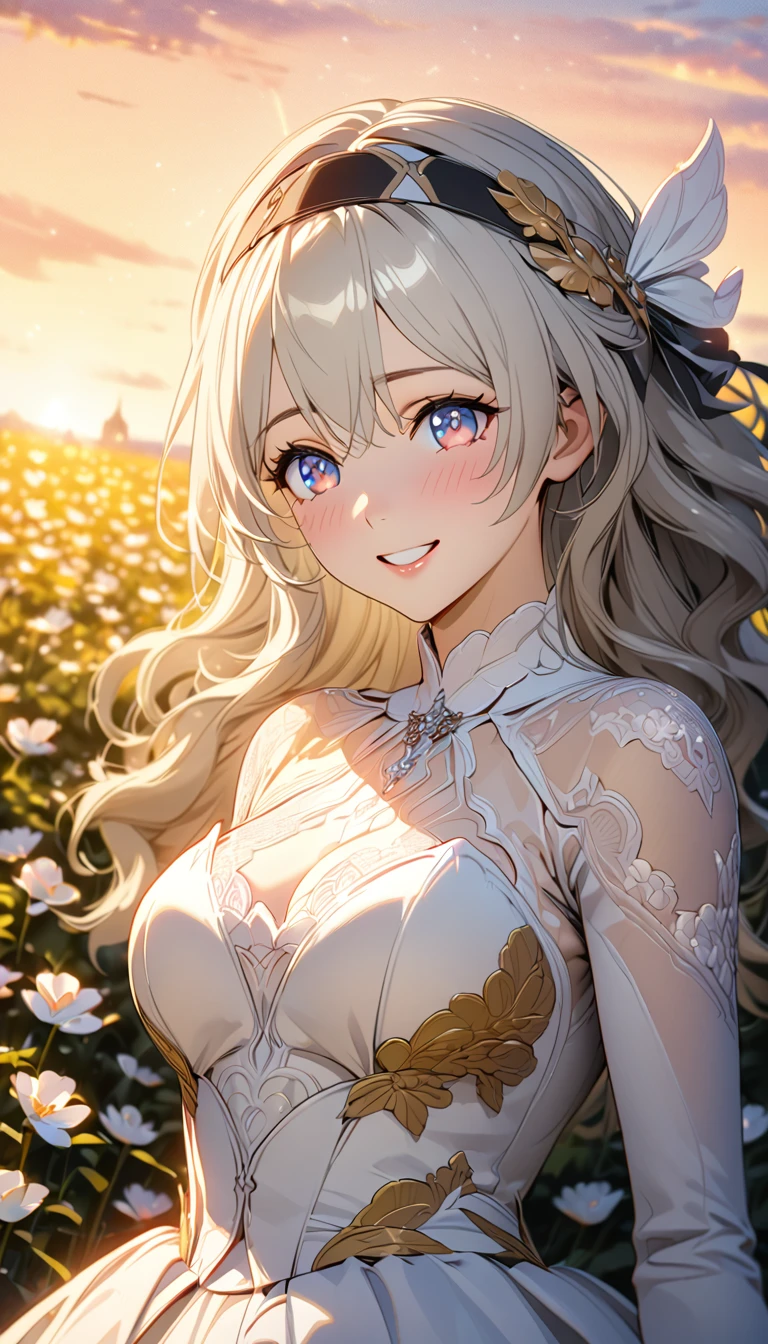 beautiful girl, long grey hair, beautiful face,smiling,close up to ????, beautiful ??????, in the middle of flowers field, wearing beautiful wedding dress, (open mouth:0.4),illustration,detailed textures(realists),ultra-detailed,portrait style,vivid colors,soft lighting, blushing, mature, hair fluttering, evening light , head band, cleavages 