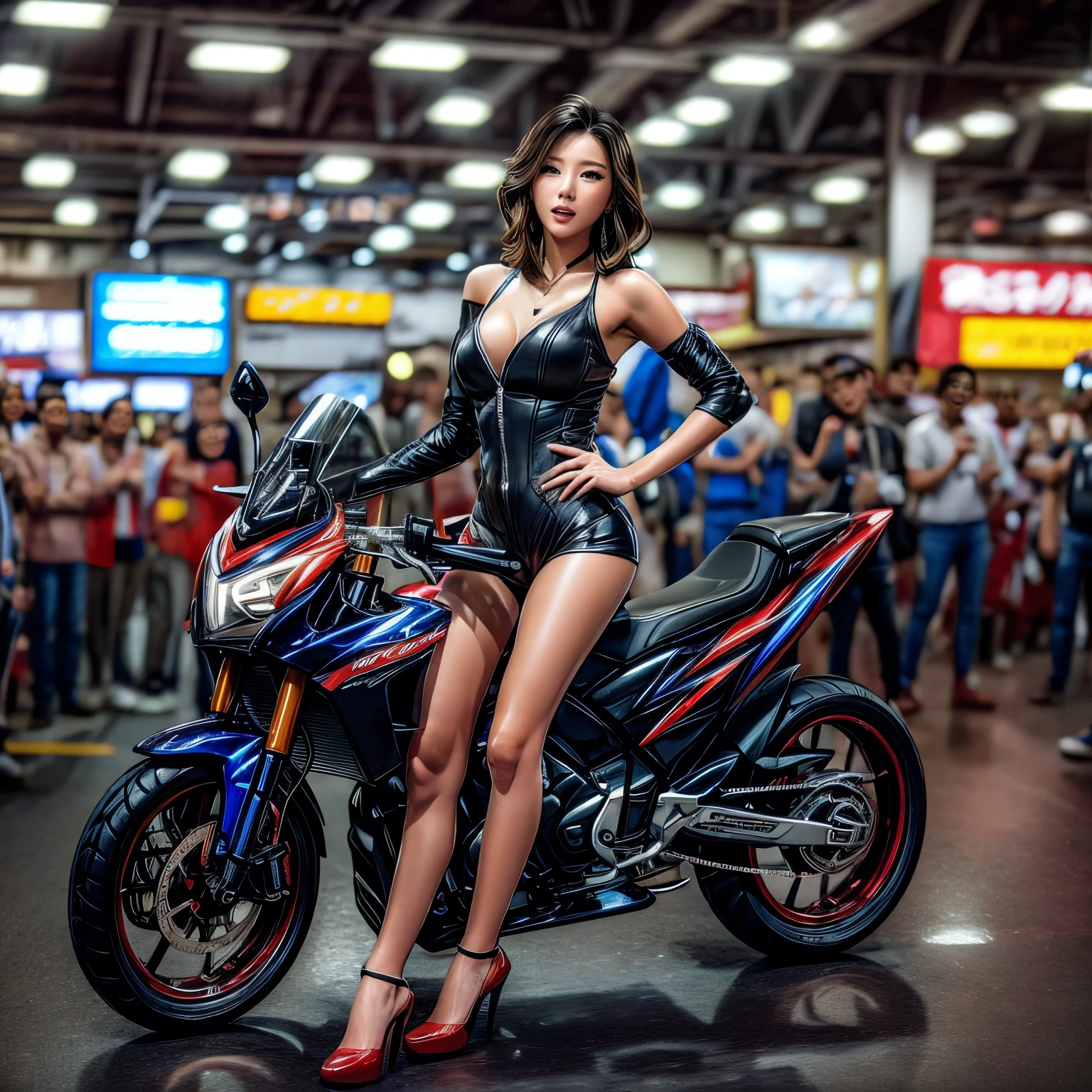 (ExtremelyDetailed((Song Joo A))) clearly visible the shape of Butt, Radiant Ivory Skin with Transparency, motor cycle event girls in sexy costume, Detailed Clothing texture, Full of (motor cycle) . (Full body shot:1.2),Ultra-detailed,grand scale,epic,zoomed out,wide angle. (ExtremelyDetailed Beautiful face) Dynamic Joyful Expressions LifeLike Rendering. (Exposed:0.59) PerfectLighting (TopQuality 8K(masterpiece(ProfessionalPhoto:1.37)))