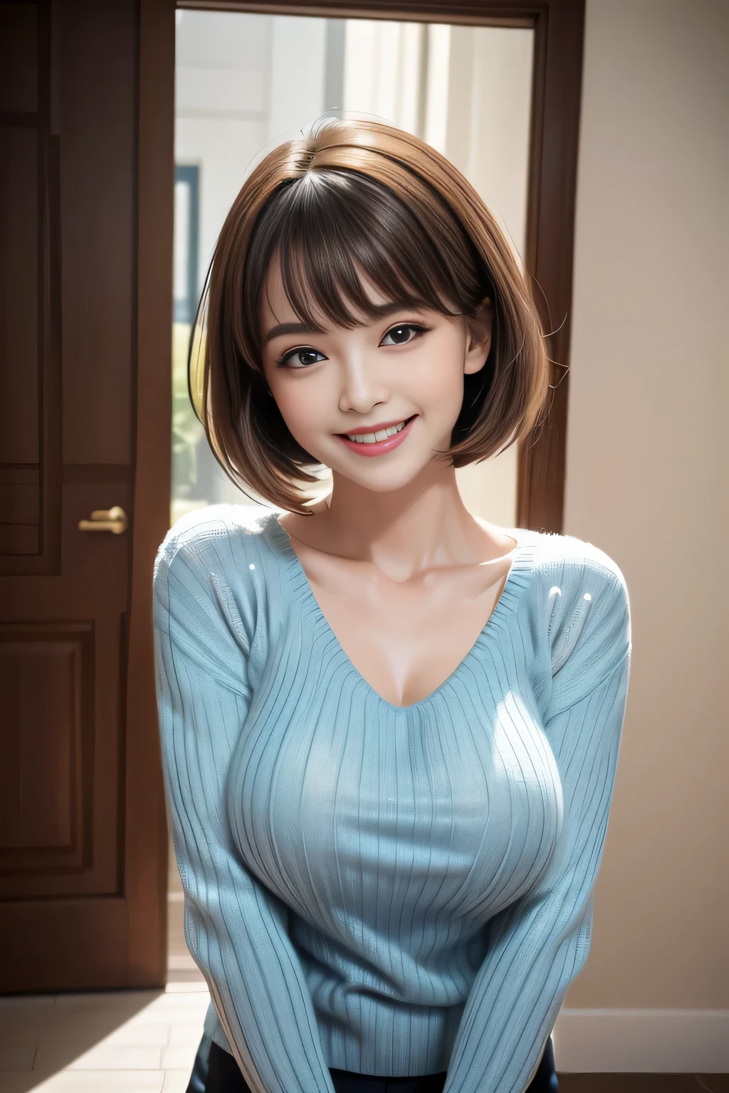 /(Modern house interior/), Only One Woman, Mature Woman, /(blue ribbed Sweater/), bangs, kind, Blushed Smile, (Top quality masterpiece:1.2) Delicate illustrations, Very detailed, Large Breasts、((Sweat,vapor,Vulgarity))、In front of the entrance door、visit、(Full Shot)),