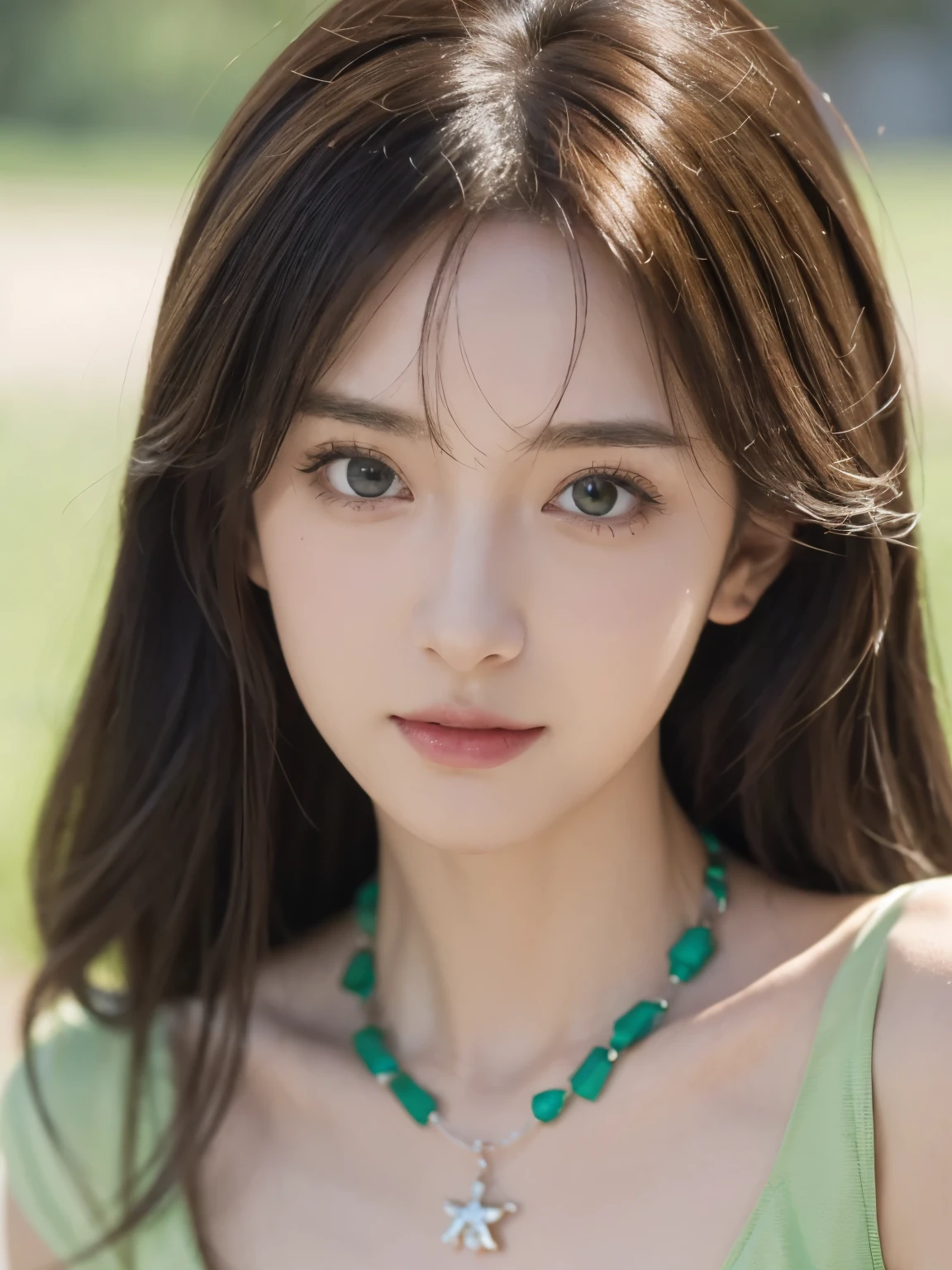 a close up of a woman wearing a green dress and a necklace, Guviz-style artwork, realistic anime 3D style, A beautiful anime portrait, Anime realistic style, detailed portrait of an anime girl, Belle peinture de personnage, author：heroes, a stunning anime face portrait, Realistic anime art style, Portrait of an anime girl, beautiful anime style