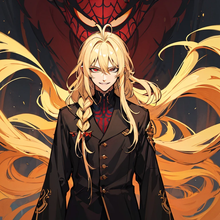 (absurderes, 8k, 4K, work of art, hyper extreme detailed:1.2), standing alone, 1 men, Elfo, from front view, face perfect, 1 men elfo, portraite, expressive eyes, standing alone, Perfect Anatomia, evil eyes, masculine, average , long blondie hair, windy, braided hair, Evil smile, spider drawing, spiders on the body,