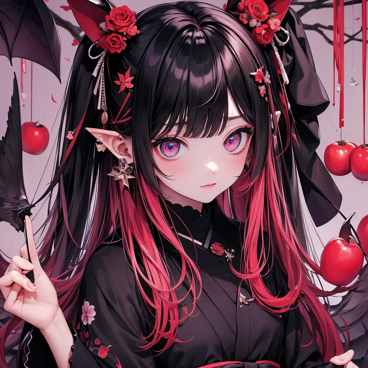 (masterpiece), Highest quality, Ultra-high resolution,Devil with a black ribbon、Vermilion Hair、Vermilion eyes、Vermilion clothes、kimono、Pickled plums、Plum Tree、Surprised face