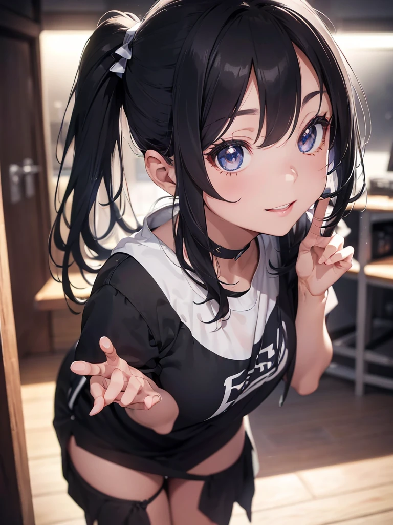 Sitting on a black sofa,looking ahead,from above,handjob,side view,face focus,open mouth,tongue out,cum on tongue,Licking a white dildo,(1girl,Beautiful 14 year old girl),((Slender,Small breasts,Baby Face,Small face,)),looking at viewer,Black Hair,bangs,two side up,Gray Eyes,Drooping eyes,slit pupils,narrow eyes,White sweater mini dress,bare shoulder,Beautiful and detailed anime art,Mischievous smile,Dimly lit room,Simple Background,Gray background,Low lighting
