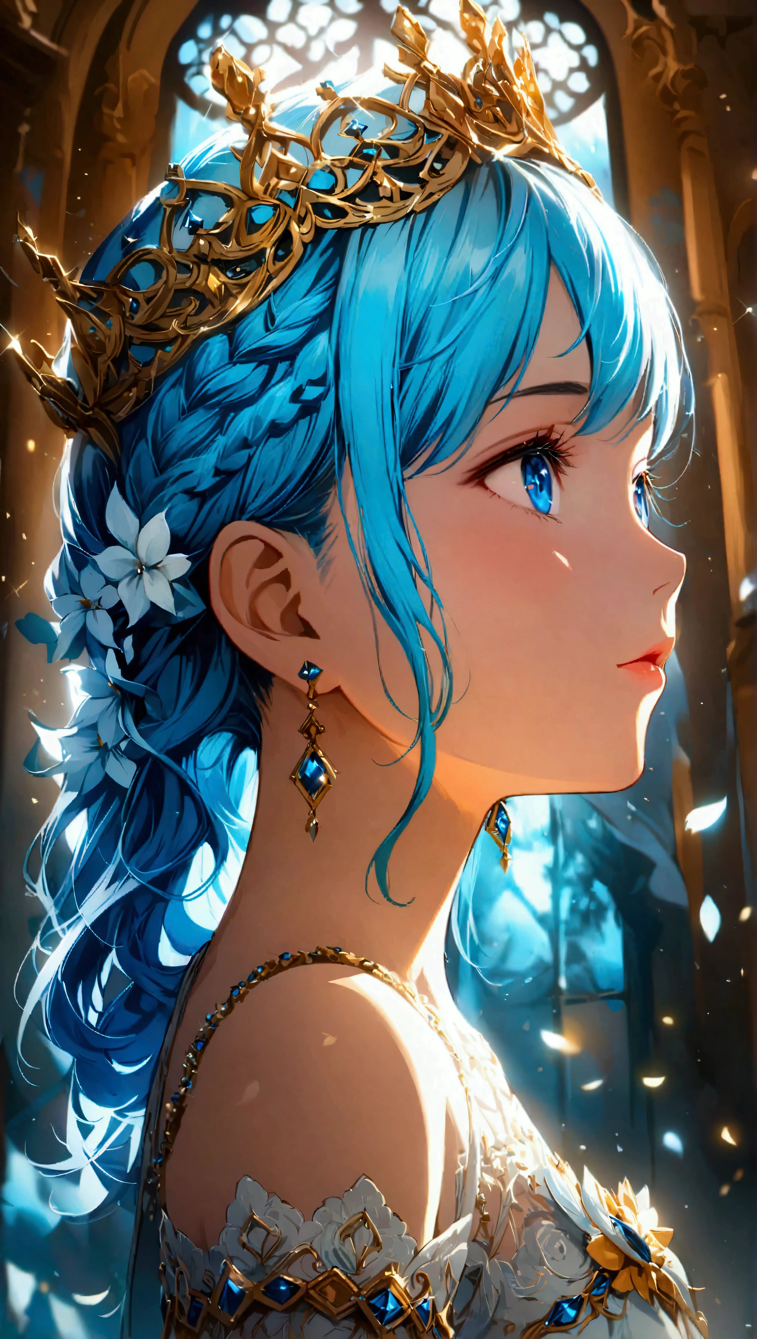(((Beautiful girl artwork))),Crown braid,(((Her hair color is light blue.)))、Looks about 、