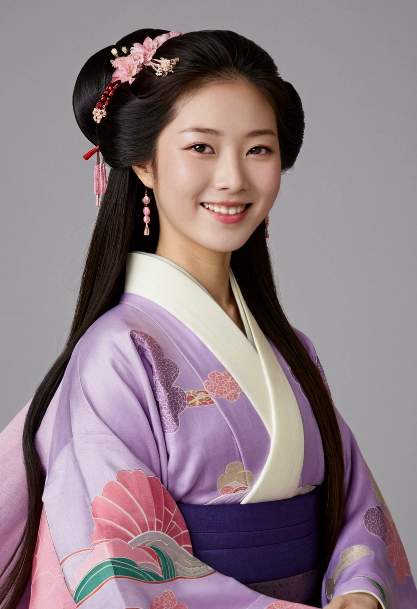palace、Heian period、Wearing twelve-layered kimono(Kimono color、purple、pink)、Woman looking forward and smiling、Medium build、Approximately 20 years old、Long Hair、Beauty