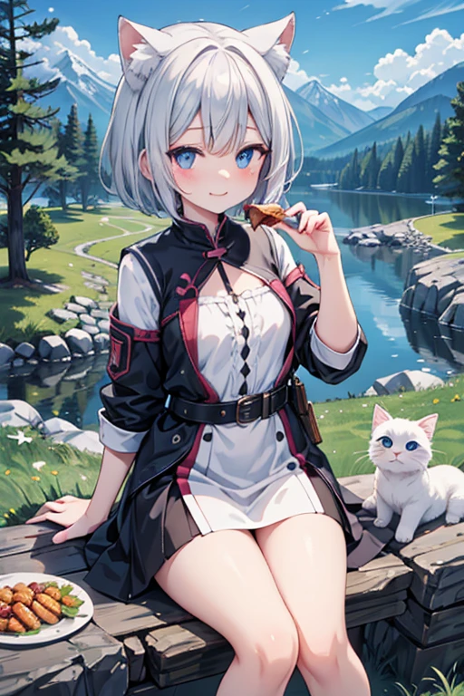 anime style,masterpiece, super fine illustration, highly detailed, dynamic angle, beautiful detailed, 8k, In the grassland, with mountains, trees, and rocks scattered around,BREAK A female ,is sitting,eating meat with bones. She is smiling and enjoying the food.BREAK 1girl,White cat ears,Blue Eyes,Short Hair,Gray Hair,Small breasts,Blushing,Adventure Clothing,BREAK,masterpiece,best quality,super detailed,8k,perfect hands,perfect fingers,