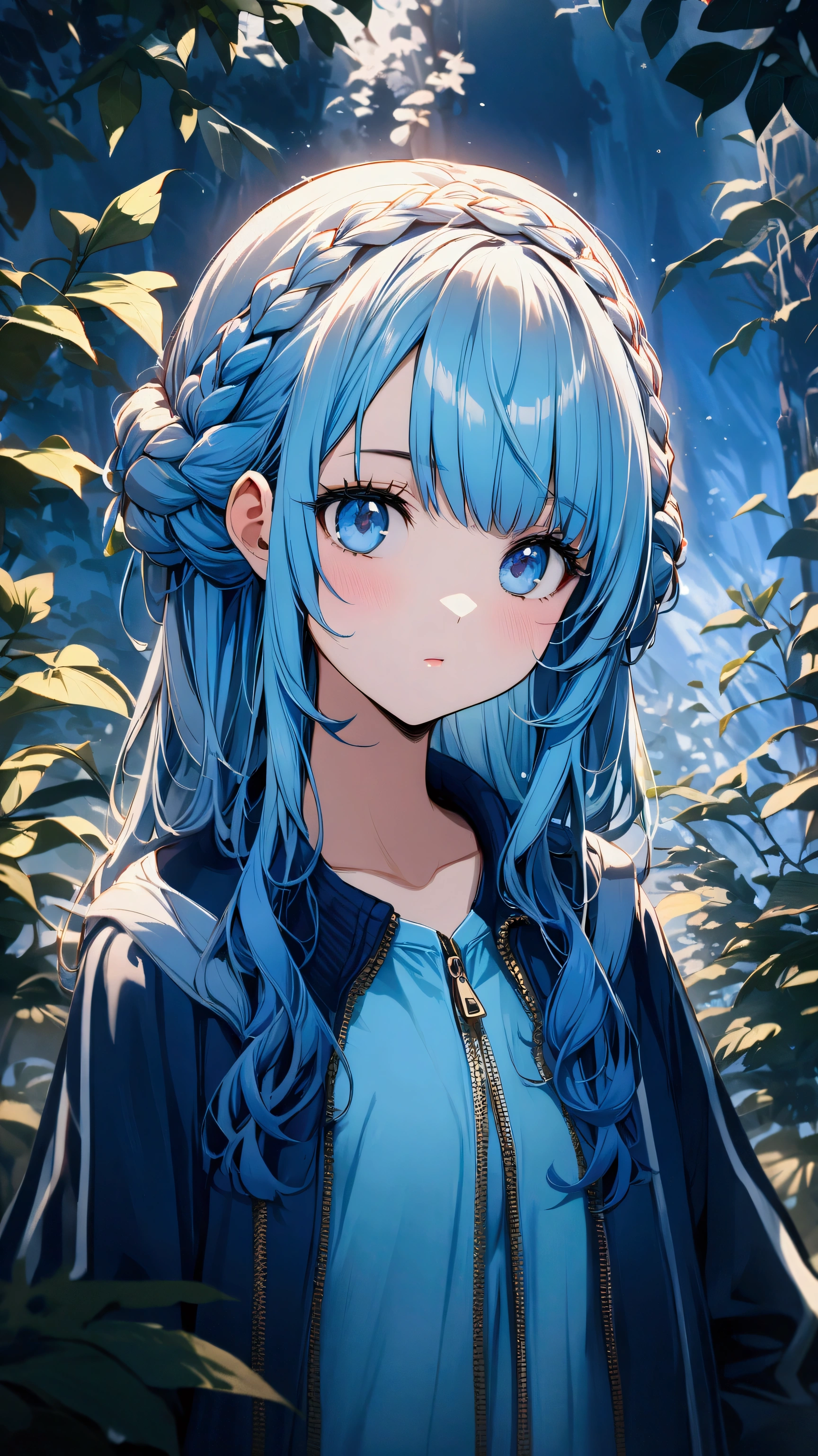 (((Beautiful girl artwork))),Crown braid,(((Her hair color is light blue.)))、Looks about 、 (Blue sweatpants:1.3), (The jacket is a blue track jacket.: 1.3), 