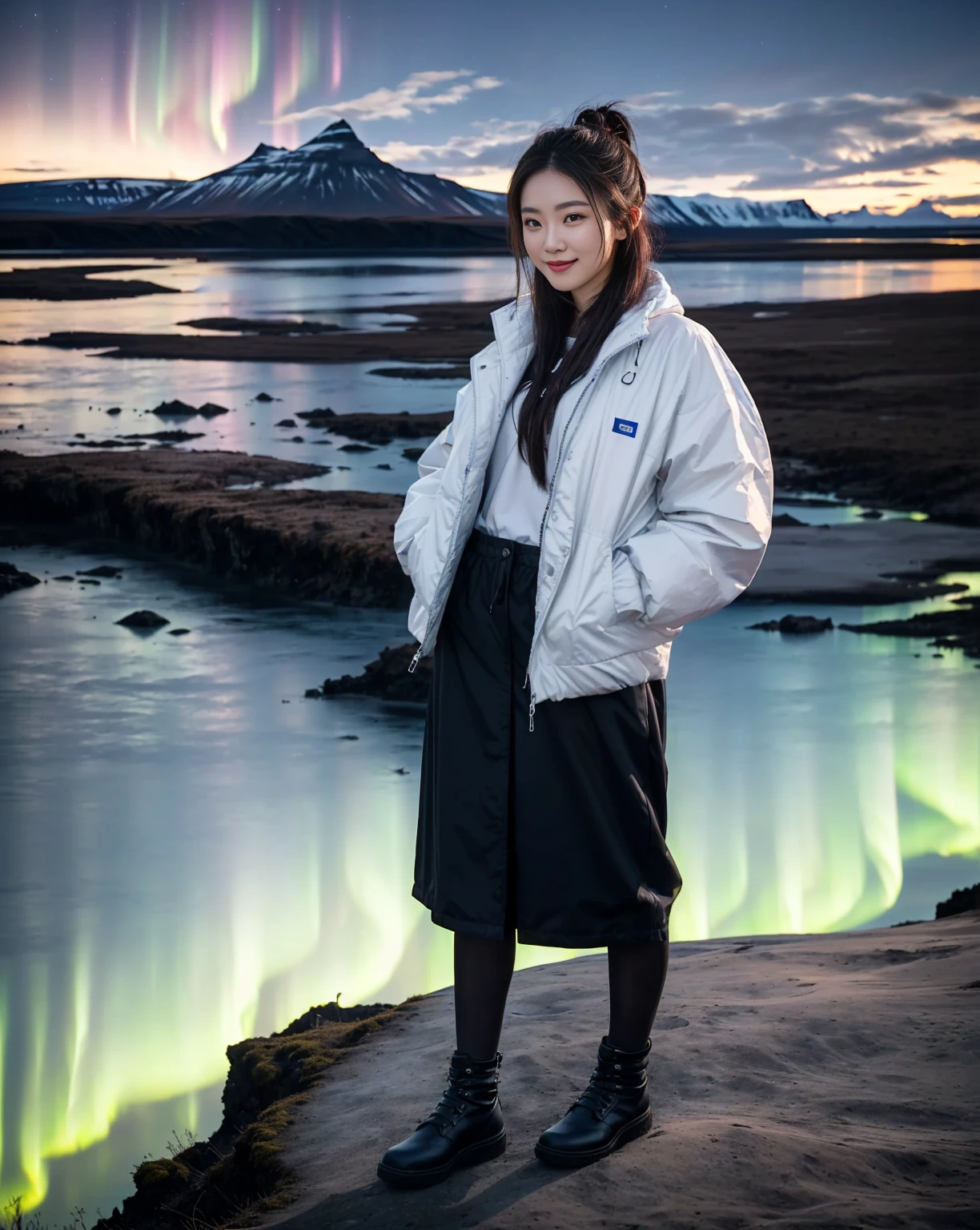 Araped woman standing on a rock with mountains in the background, Environmental Portrait, medium shot portrait, Full portrait of a Nordic woman, Photo of tech wear woman, Backlit shot girl wearing parka, Iceland, With Aurora Borealis in the sky, Gemma Chen, Iceland photography, medium portrait, Taken with Nikon Z9, National Geographic photo shoot, smile