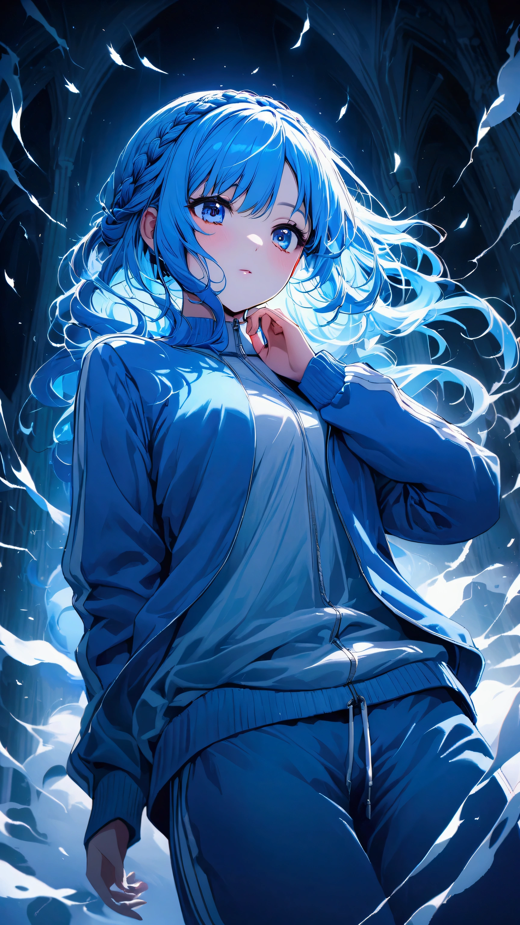 (((Beautiful girl artwork))),Crown braid,(((Her hair color is light blue.)))、Looks about 15 years old、 (Blue sweatpants:1.3), (The jacket is a blue track jacket.: 1.3), 