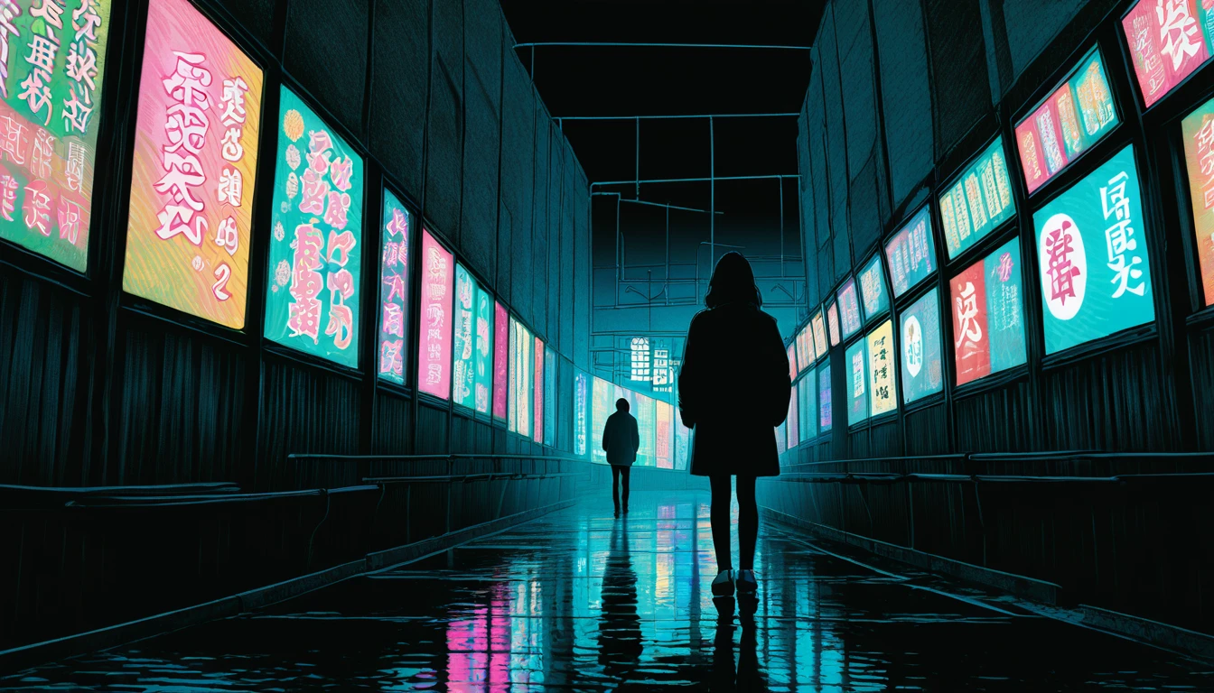 An illustration、art、Supervised by Junji Ito、anxietyの立像、nightmare、anxiety、double image、Attention to detail, Realistic shadows、Analog Style, VHS style, 8mm film, chromatic aberration, DVD Screen Grab、Complementary Gradient、Surrealism、shrine、Japanese style