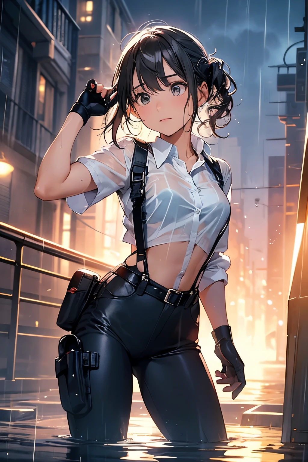 1 female, , high quality, masterpiece, Ultra-high resolution, , Cinema Lighting, , , And the suspenders with the cranes flying　　　Large Breasts　 　 　　　　Small face　 　　　holster　　　　　　　 Lying in bed　Looking up　　　　Sweat 　　　belt　summer　脇Sweat 　Black Hole Gloves　suit　shirt　　Black jacket　 Black trousers　Leg Links　ズボンにbelt　　holster　 　　Hands behind your back　 Anxious expression　Looking up　Anxious face, legs apart　Armament　Handgun　handcuffs　Cable ties　レッグholster　holster　See-through clothing　heavy rain　Getting wet in the rain
