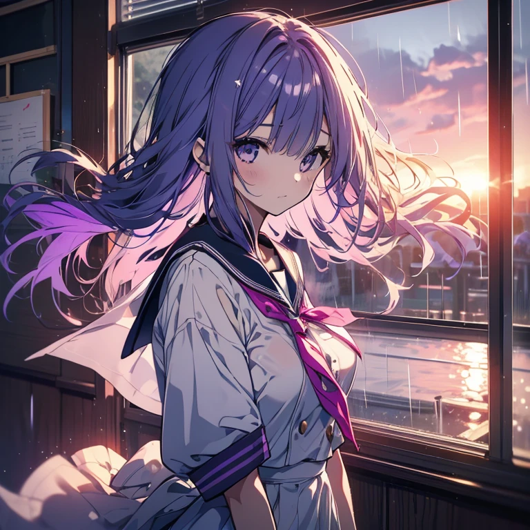 1 girl、Mature、Ample breasts、Long Hair、Purple Hair、Sailor suit、白と紺のSailor suit、Short sleeve、Bust-up perspective、The curtains flutter、Hair blowing in the wind、Look to the side、Fleeting、Gentle Sunset、rain、classroom、Window、High resolution、Highest quality、