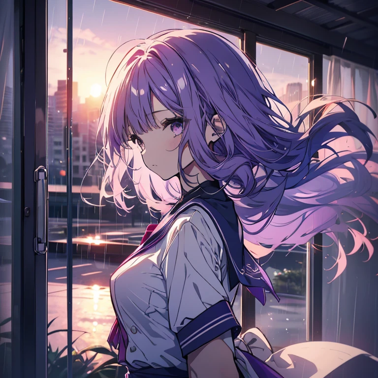 1 girl、Mature、Ample breasts、Long Hair、Purple Hair、Sailor suit、白と紺のSailor suit、Short sleeve、Bust-up perspective、The curtains flutter、Hair blowing in the wind、Look to the side、Fleeting、Gentle Sunset、rain、classroom、Window、High resolution、Highest quality、