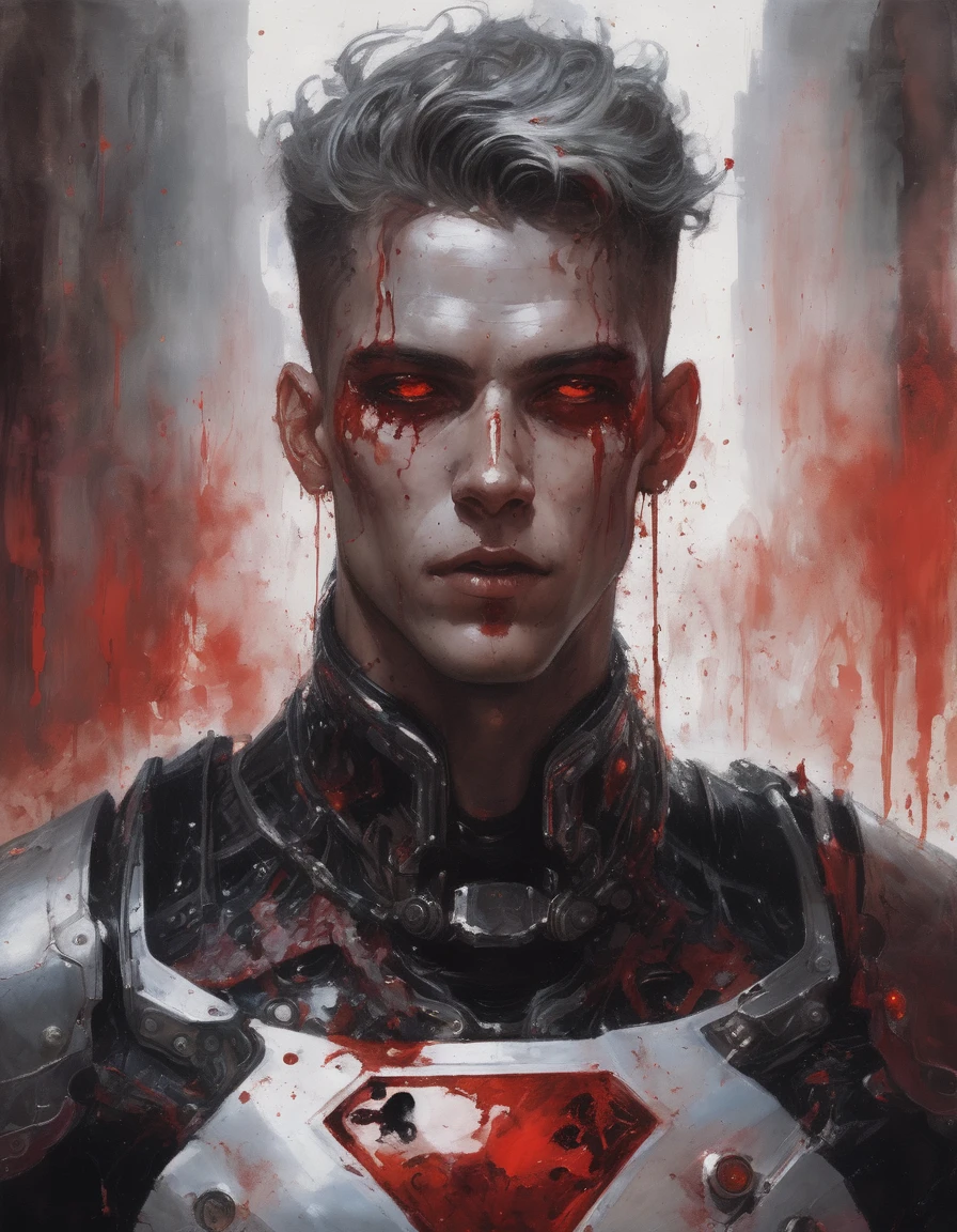 {{Masterpiece, best quality, oil painting, by Gustav Klimt, by Franz von Stuck, by J. C. Leyendecker}}, ((((((the profile full body portrait of a 20 year old male cyborg, manly, sexy, tall, muscular, he has blood covered silver hair, splattered in blood scarred face, sullen, arrogant, haughty, majestic, furious)))))), (((((He is splattered in blood, wearing a blood covered white cyborg plate armor, with a red diamond shape on his chest))))). (((burning background))).