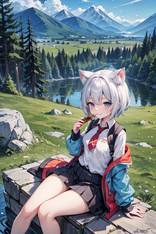 anime style,masterpiece, super fine illustration, highly detailed, dynamic angle, beautiful detailed, 8k, In the grassland, with mountains, trees, and rocks scattered around,BREAK A female ,is sitting,eating meat with bones. She is smiling and enjoying the food.BREAK 1girl,White cat ears,Blue Eyes,Short Hair,Gray Hair,Small breasts,Blushing,Adventure Clothing,BREAK,masterpiece,best quality,super detailed,8k,perfect hands,perfect fingers,BREAK happy,smile,thank you,