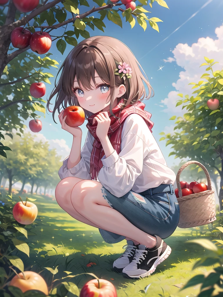 ((8k, best quality, master piece: 1.3)),super high resolution,(1 girl, solo), (colorshift eyes, hyperdetailed, expressive sparkling, glitter, glowing eyes), ultra detailed eyes, ultra-detailed face, random hair, ((pastel color)),A woman picking fruit. The background is a spacious orchard, with lush trees and colorful fruits hanging from the lush leaves. The sky is clear and the soft sunlight envelops the entire orchard, creating a bright and refreshing atmosphere. Grass is growing on the ground of the orchard, and small flowers are blooming here and there. The woman is dressed casually and easily moved around, and appears to be enjoying fruit picking. She is wearing a white blouse, thin denim shorts, and lightweight sneakers. The sleeves of the blouse are slightly rolled up and a small scarf is tied around her neck. A red handkerchief is visible in the pocket of the shorts, and there are some dirt marks on the sneakers. Her outfit is simple, yet refreshing and bright. Her shoulder-length brown hair is lightly curled and blowing in the wind. Her hair is decorated with a pretty flower, brightening her face. Her expression is lively, and she is smiling as she picks the fruit. Her eyes are sparkling, and you can tell she is enjoying the nature of the orchard.
She is holding a small basket in her hand, which contains some fresh fruit. The basket contains red apples, oranges, yellow lemons, and other colorful fruits, and the shot is a full-body shot that shows her whole body. She is slightly crouching in the orchard, reaching out her hand to pick the fruit. The orchard trees and sky are depicted in the background, and her figure in nature blends beautifully.