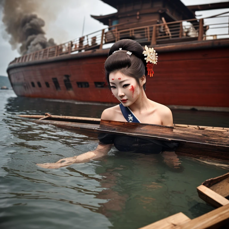 A cute woman (battered and a little bruised, dressed as a Geisha), floating on the surface of the water, burning debris of a wooden ship all around her
