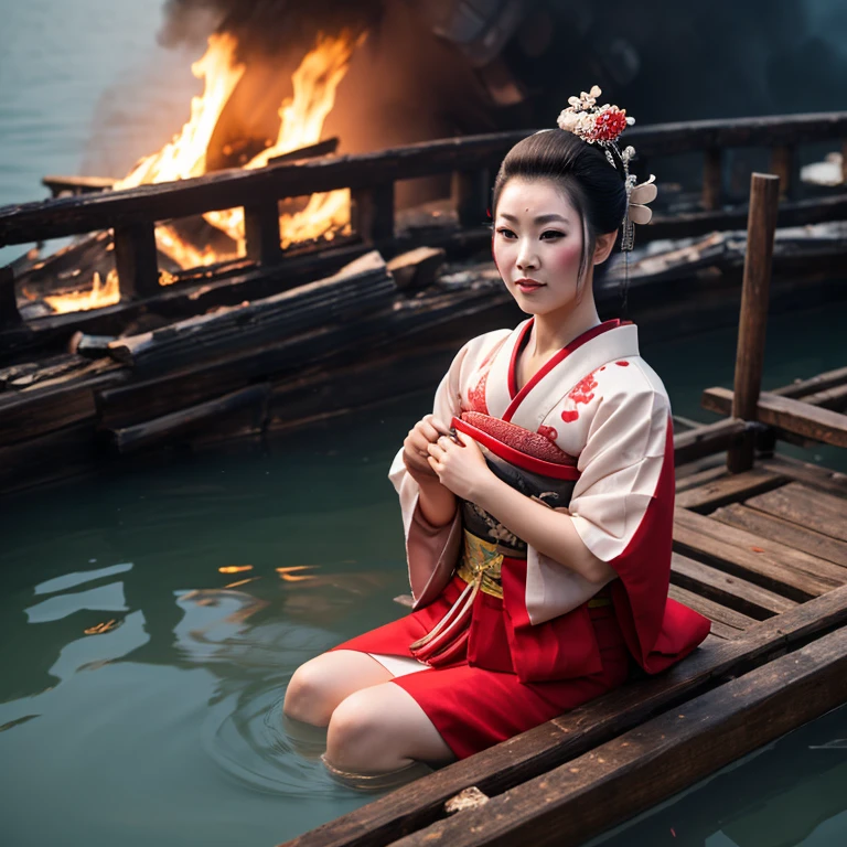 A cute woman (battered and a little bruised, dressed as a Geisha), floating on the surface of the water, burning debris of a wooden ship all around her
