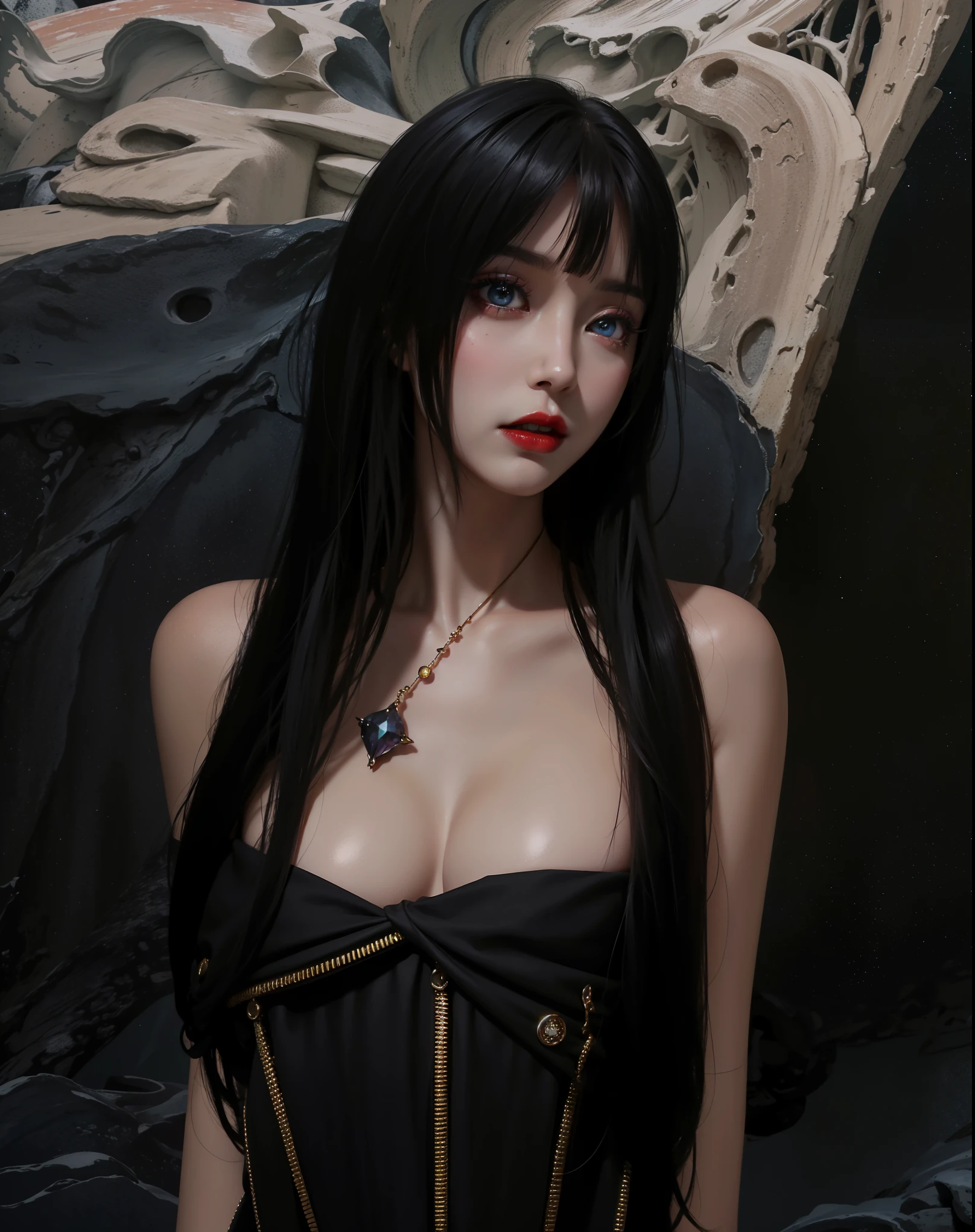 Detailed image quality，Witch Pandora，wing, Succubus Theme，堕落Angel，Excellent，scary，Secret Terror，Tentacles，With eyes，Uncanny Valley Effect，Beast Blood Moon，skeleton，vampire，Hellfire，Dark Queen，Angel，magician magic witch，Angel，Eyes are blue(Pupils as deep as the starry sky)，Gorgeous tattoo designs all over the body，Surreal photos(8K picture quality，Rich in details)，Dark eyeshadow，Sexhick lips(Red lipstick)，Tattoo designs on body，Dark Queen，Wear luxurious gold jewelry，Sparkling diamond gemstone，breastmetrical