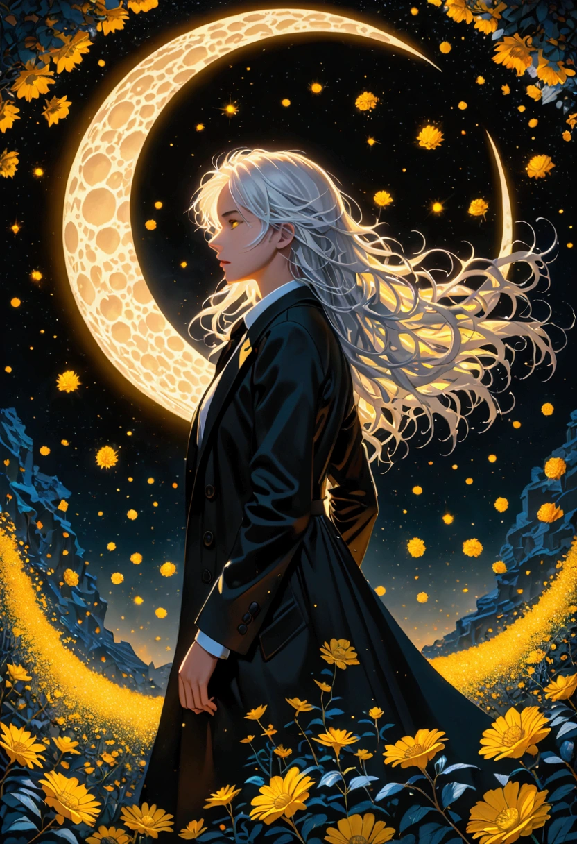 (masterpiece),(best quality), (fantasy:1.4), Surrealism, shadow, Relief, Stereogram, Atmospheric perspective, 8K, Super Detail,A moon, Flowers , Paper_cut,1 Girl, Solitary, (White hair, Messy hair, Long hair), Yellow eyes, (White shirt, Black tie, Black coat, Open coat), (((Glowing light particles))), (Put your hands behind your back), Dynamic Angle,