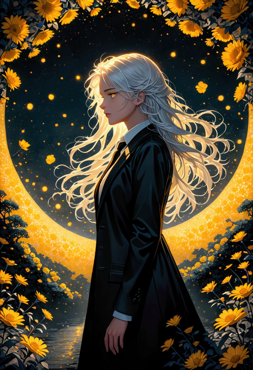 (masterpiece),(best quality), (fantasy:1.4), Surrealism, shadow, Relief, Stereogram, Atmospheric perspective, 8K, Super Detail,A moon, Flowers , Paper_cut,1 Girl, Solitary, (White hair, Messy hair, Long hair), Yellow eyes, (White shirt, Black tie, Black coat, Open coat), (((Glowing light particles))), (Put your hands behind your back), Dynamic Angle,