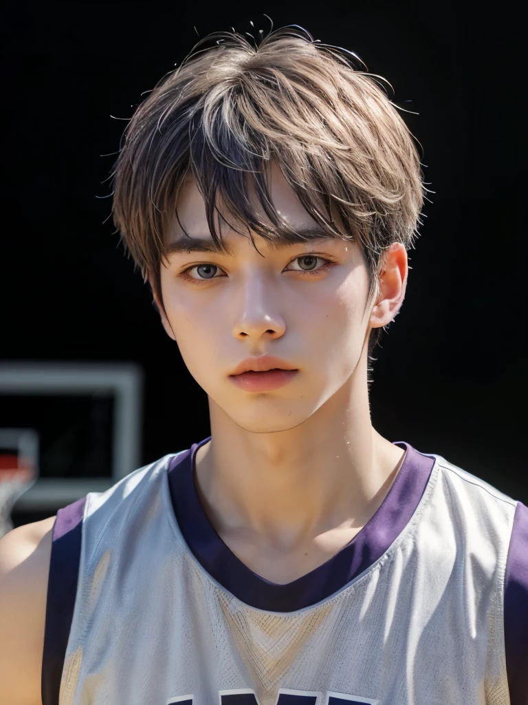 best quality,masterpiece,highres,1boy,male focus,solo,upper body,looking at viewer, A man is playing basketball wearing a basketball shirt purple ,white color hair, comma hair style, Korean man face, muscular body