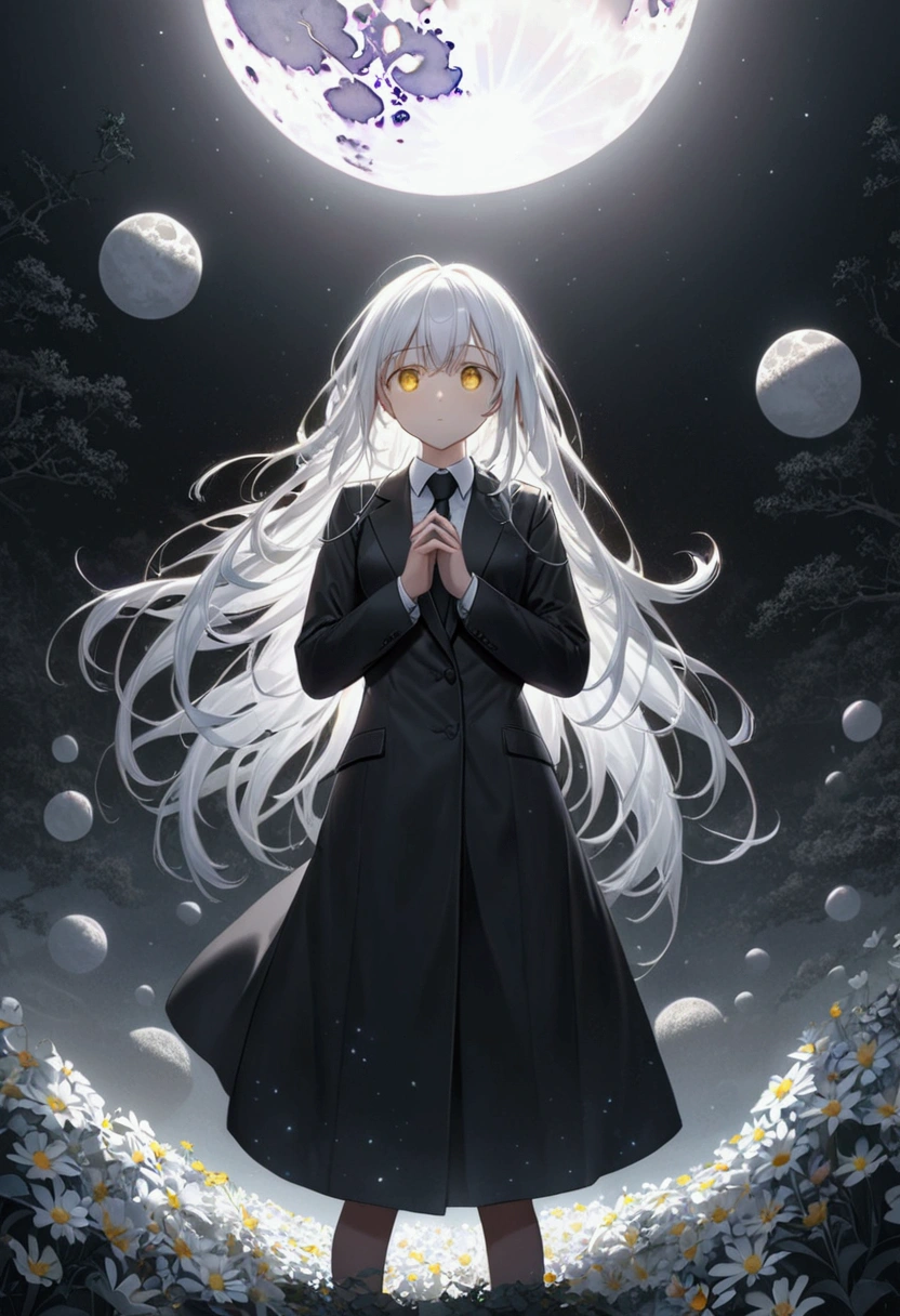 (masterpiece),(best quality), (fantasy:1.4), Surrealism, shadow, Relief, Stereogram, Atmospheric perspective, 8K, Super Detail,A moon, Flowers , Paper_cut,1 Girl, Solitary, (White hair, Messy hair, Long hair), Yellow eyes, (White shirt, Black tie, Black coat, Open coat), (((Glowing light particles))), (Put your hands behind your back), Dynamic Angle,