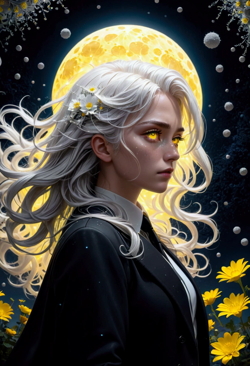 (masterpiece),(best quality), (fantasy:1.4), Surrealism, shadow, Relief, Stereogram, Atmospheric perspective, 8K, Super Detail,A moon, Flowers , Paper_cut,1 Girl, Solitary, (White hair, Messy hair, Long hair), Yellow eyes, (White shirt, Black tie, Black coat, Open coat), (((Glowing light particles))), (Put your hands behind your back), Dynamic Angle,