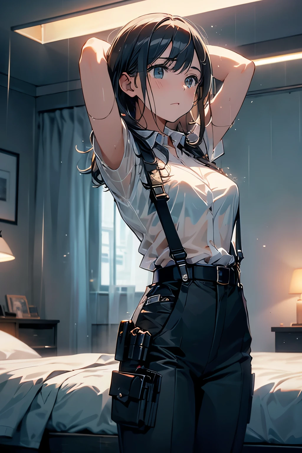 1 female, , high quality, masterpiece, Ultra-high resolution, , Cinema Lighting, , , And the suspenders with the cranes flying　　　Large Breasts　 　 　　　　Small face　 　　　holster　　　　　　　 Lying in bed　Looking up　　　　Sweat 　　　belt　summer　脇Sweat 　Black Hole Gloves　suit　shirt　　Black jacket　 Black trousers　Leg Links　ズボンにbelt　　holster　 　　Hands behind your back　 Anxious expression　Looking up　Anxious face, legs apart　Armament　Handgun　handcuffs　Cable ties　レッグholster　holster　See-through clothing　heavy rain　Getting wet in the rain