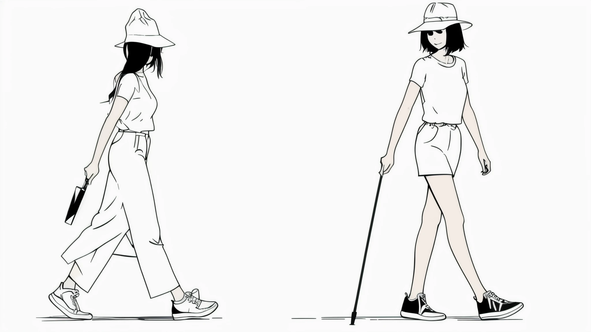 A woman with a hat and a walking stick, Line art, Woman walking, Line artイラスト, author：Middle Bokun, Simple illustration, Holding a bottle of perfume, イラスト Line artスタイル, Line art, author：fairy cliff, 大きな胸とNarrow waist, One Line Art, Simple and clean illustrations, シンプルなLine art, Narrow waist