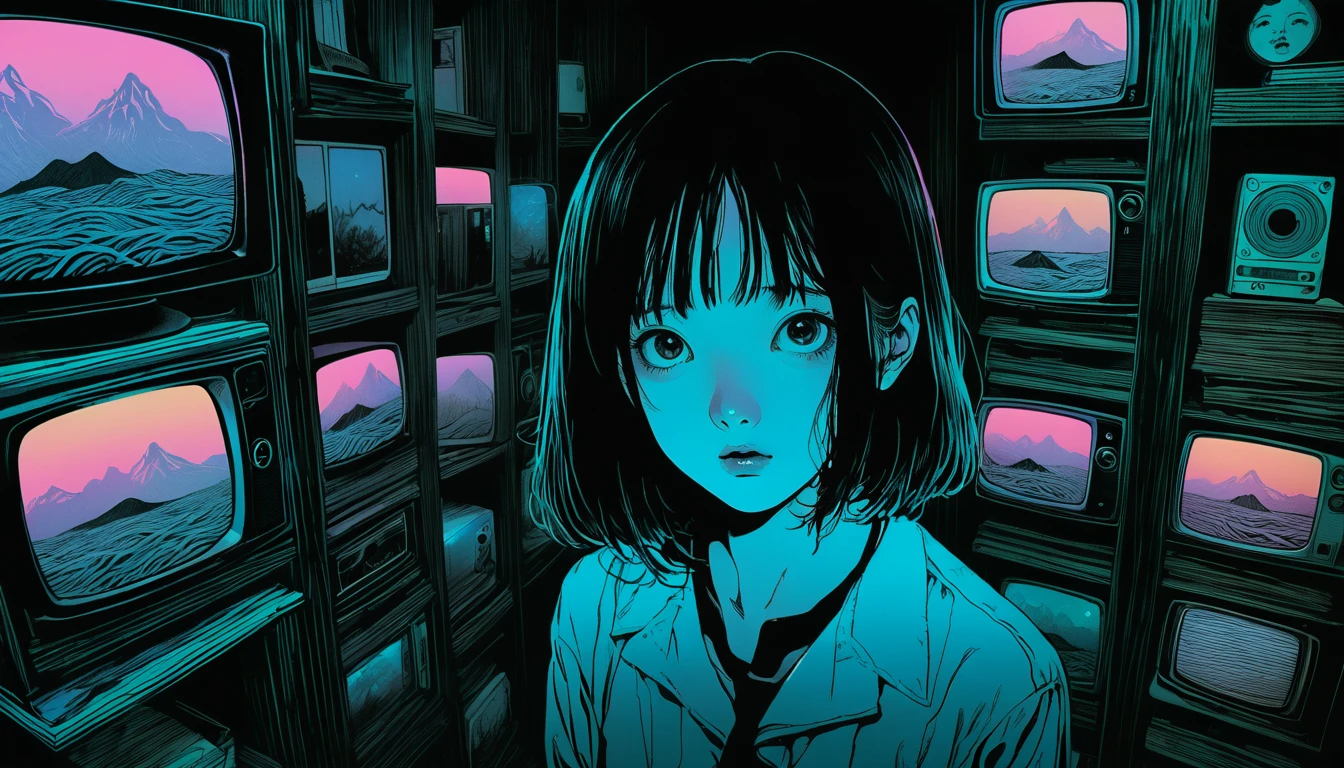 An illustration、art、Supervised by Junji Ito、anxietyの立像、nightmare、anxiety、double image、Attention to detail, Realistic shadows、Analog Style, VHS style, 8mm film, chromatic aberration, DVD Screen Grab、Complementary Gradient、Surrealism、{shrine、Japanese style}