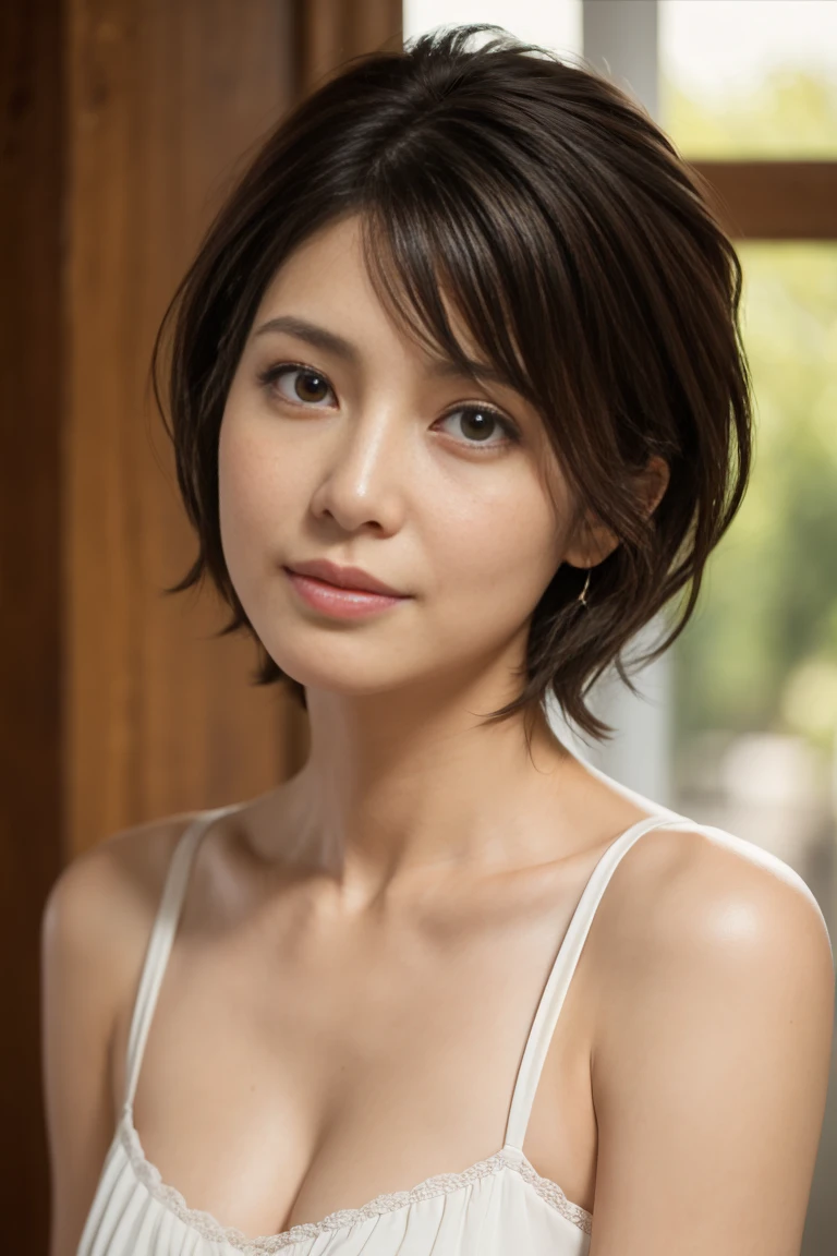 top-quality, masterpiece, 8k wallpaper, Photorealsitic, 独奏, Look firmly at the camera, 1 girl, depth of fields, natural soft light, during daytime, beauitful face, short-hair, Colossal tits, Dark blue sweater, Put your ears out, Clean short bob hair with bangs, Perfect fingers, perfect hand, Perfect body, face perfect, Cowboy Shot, Bright windowsill background, Smile at your audience, cleavage of the breast